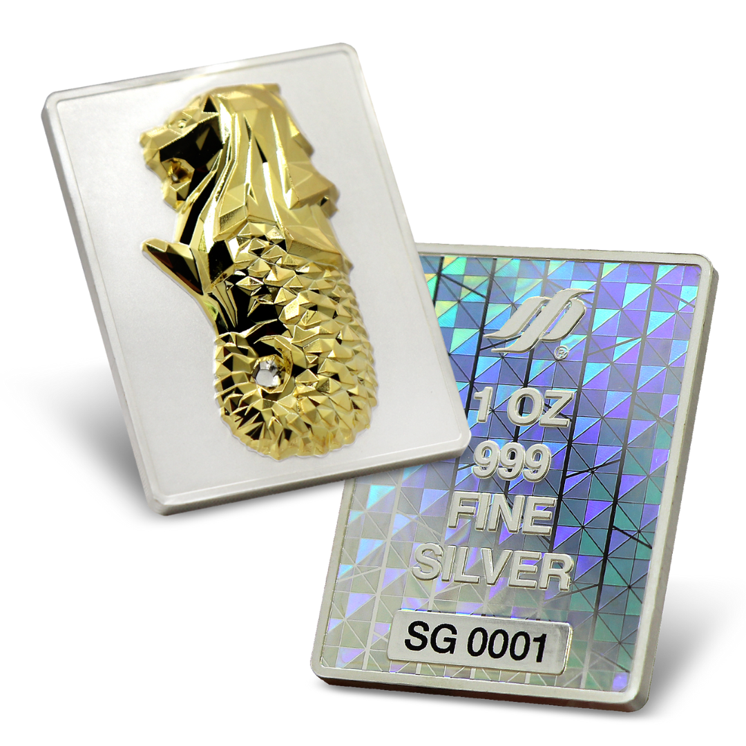 Glistening Golden Merlion 1 oz 999 Fine Silver Proof Ingot with 24K Gold-Plating